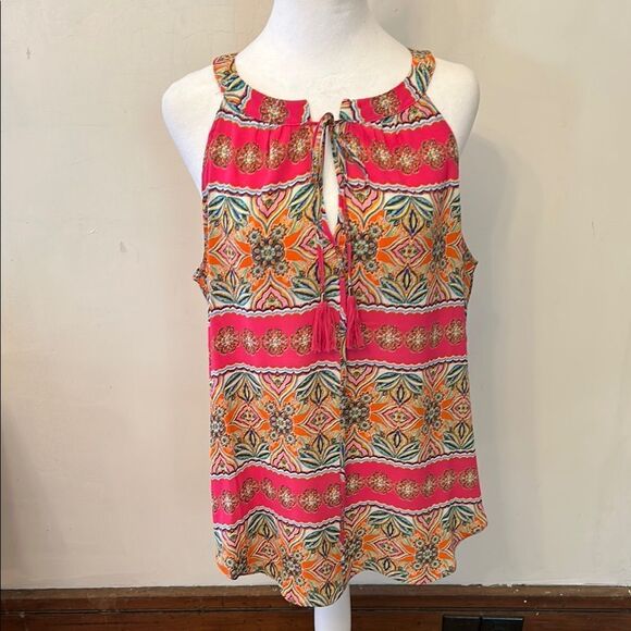 Rose & Olive Tops - Rose & Olive Vibrant Pink and Orange Sleeveless Blouse Size L EUC